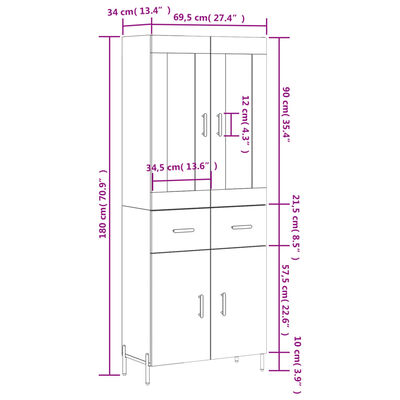 vidaXL kõrge kapp, hall Sonoma tamm, 69,5 x 34 x 180 cm, tehispuit