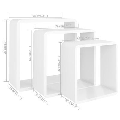 vidaXL kuubikukujulised riiulid, 3 tk, valge, MDF