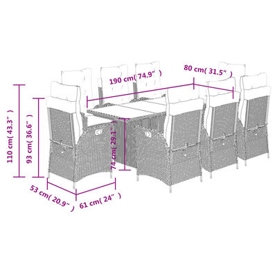 vidaXL 9-osaline aiamööbli komplekt patjadega, helehall, polürotang