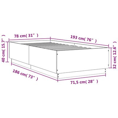 vidaXL voodiraam LED-tuledega, suitsutatud tamm,75x190 cm, tehispuit