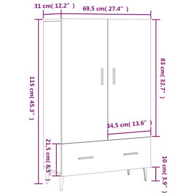 vidaXL kõrge kapp, Sonoma tamm, 69,5 x 31 x 115 cm, tehispuit