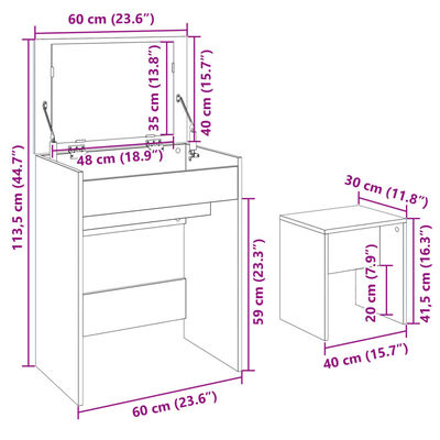 vidaXL tualettlaud taburetiga, valge, 60x40x113,5 cm