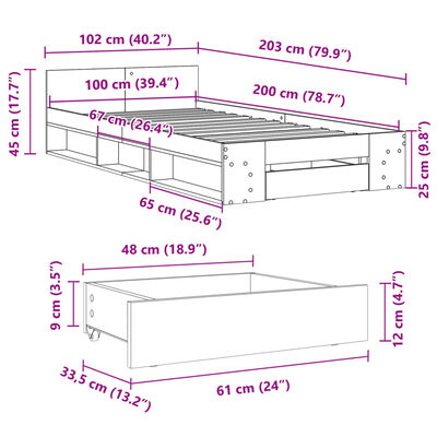 vidaXL voodiraam sahtlitega, hall Sonoma tamm, 100 x 200 cm, tehispuit