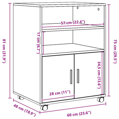 vidaXL ratastel kapp, must, 60 x 48 x 81 cm, tehispuit