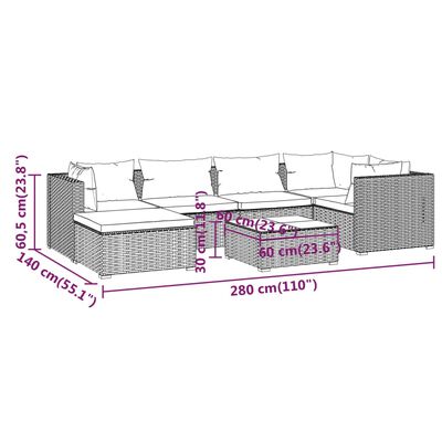 vidaXL 7-osaline aiamööblikomplekt patjadega, polürotang, pruun