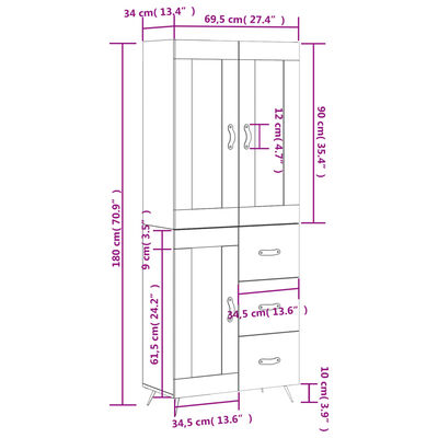 vidaXL kõrge kapp, hall Sonoma tamm, 69,5 x 34 x 180 cm, tehispuit