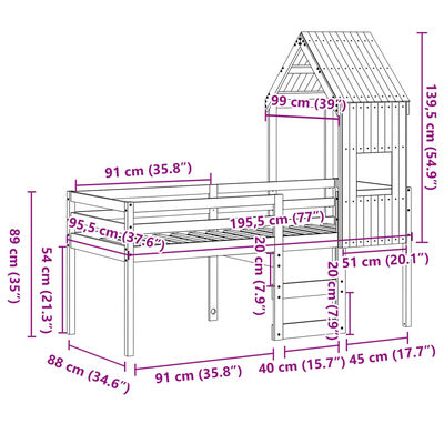 vidaXL kõrge voodi, katusega, meepruun, 90 x 190 cm, männipuit