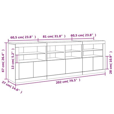 vidaXL puhvetkapp LED-tulega, valge, 202 x 37 x 67 cm