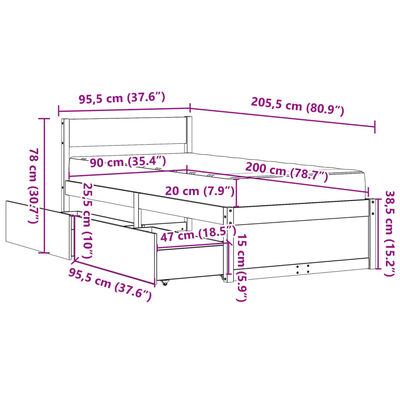 vidaXL voodi sahtlite ja madratsiga, 90x200 cm, männipuit