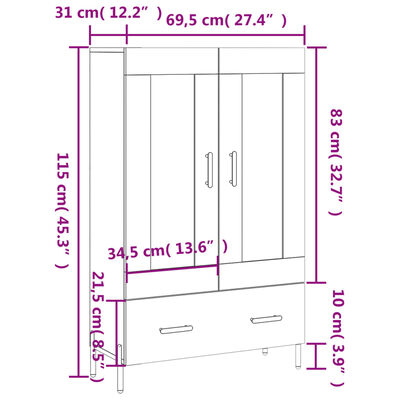 vidaXL kõrge kapp, valge, 69,5 x 31 x 115 cm, tehispuit