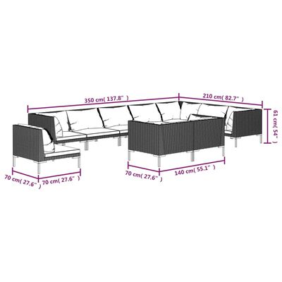 vidaXL 10-osaline aiamööblikomplekt patjadega, polürotang, tumehall