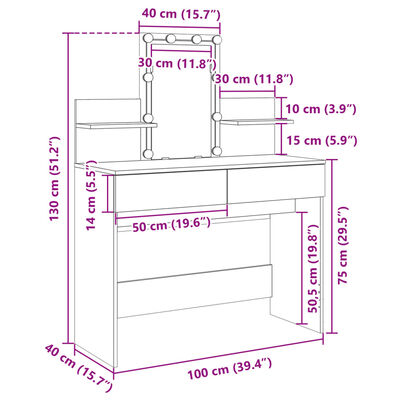 vidaXL tualettlaud LEDiga, Sonoma tamm, 100 x 40 x 130 cm