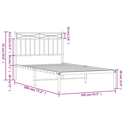 vidaXL metallist voodiraam peatsiga, valge, 100 x 190 cm