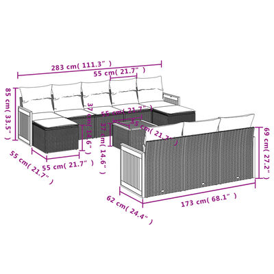 vidaXL 11-osaline aiadiivani komplekt patjadega, hall, polürotang