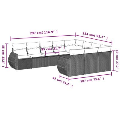 vidaXL 10-osaline aiadiivani komplekt patjadega, hall, polürotang