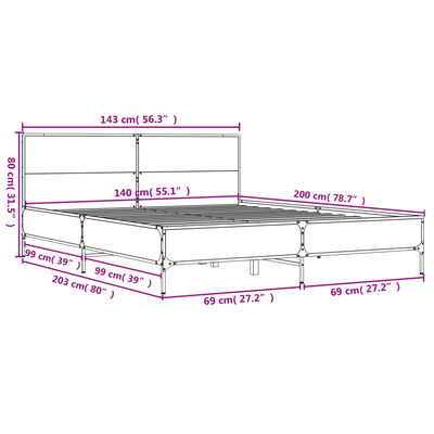 vidaXL voodiraam, hall Sonoma tamm, 140 x 200 cm, tehispuit ja metall