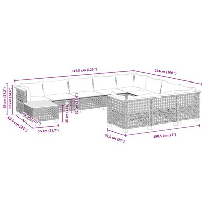 vidaXL 11-osaline aiadiivani komplekt patjadega, must, polürotang