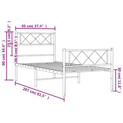 vidaXL metallist voodiraam peatsi ja jalutsiga, valge, 90 x 200 cm