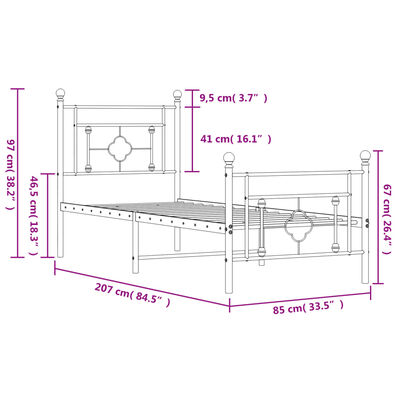 vidaXL metallist voodiraam peatsi ja jalutsiga, must, 80x200 cm