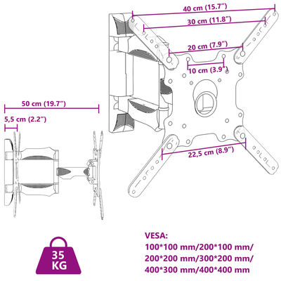 vidaXL teleri seinakinnitus, 32-55 tolli, max VESA 400x400 mm 35 kg