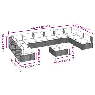 vidaXL 11-osaline aiamööblikomplekt patjadega, polürotang, hall