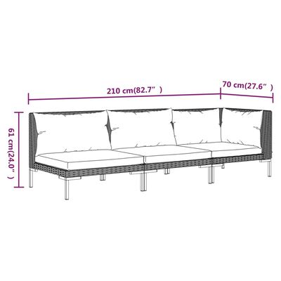 vidaXL 3-osaline aiamööblikomplekt, tumehall, poolring, polürotang