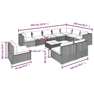 vidaXL 11-osaline aiamööblikomplekt patjadega, polürotang, pruun