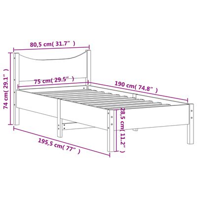 vidaXL voodiraam ilma madratsita, valge, 75 x 190 cm, männipuit