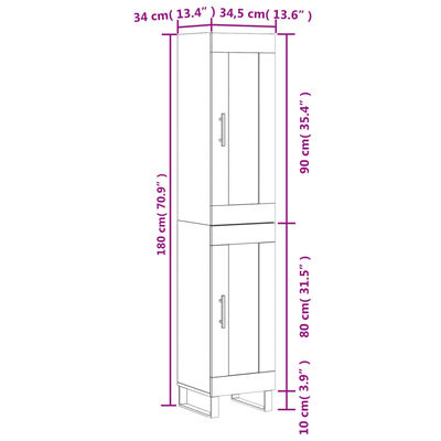 vidaXL kõrge kapp, hall Sonoma tamm, 34,5x34x180 cm, tehispuit