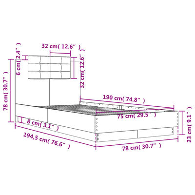 vidaXL voodiraam peatsiga, must, 75x190 cm, tehispuit