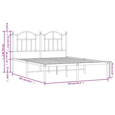 vidaXL metallist voodiraam peatsiga, valge, 150x200 cm