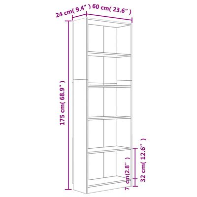 vidaXL 5 riiuliga raamaturiiul, pruun tamm, 60 x 24 x 175 cm