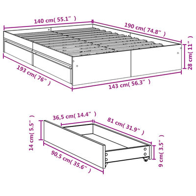 vidaXL voodiraam sahtlitega, suitsutatud tamm, 140x190 cm, tehispuit