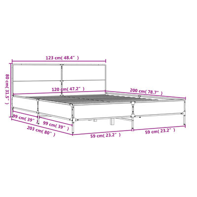 vidaXL voodiraam, pruun tamm, 120 x 200 cm, tehispuit ja metall