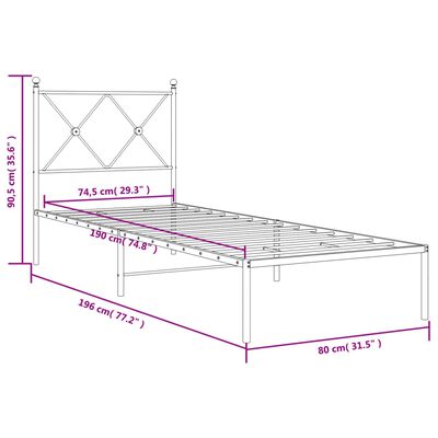 vidaXL metallist voodiraam peatsiga, ilma madratsita, valge, 75x190 cm