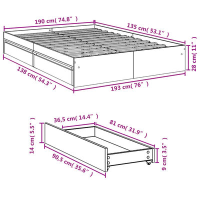 vidaXL voodiraam sahtlitega, hall Sonoma tamm, 135 x 190 cm, tehispuit