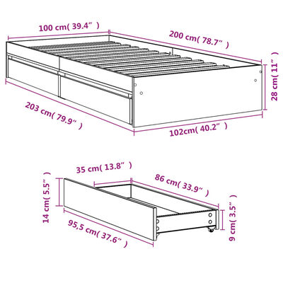 vidaXL voodiraam sahtlitega, hall Sonoma tamm, 100 x 200 cm, tehispuit