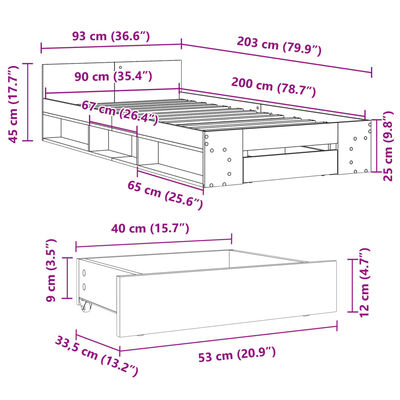 vidaXL voodiraam sahtlitega, Sonoma tamm, 90 x 200 cm, tehispuit