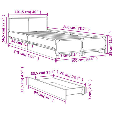 vidaXL voodiraam sahtlitega, hall Sonoma tamm, 100 x 200 cm, tehispuit