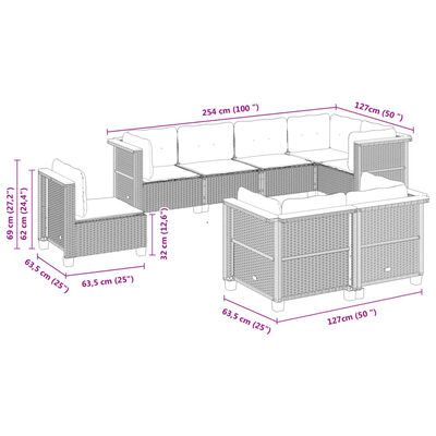 vidaXL 8-osaline aiadiivani komplekt patjadega, hall, polürotang