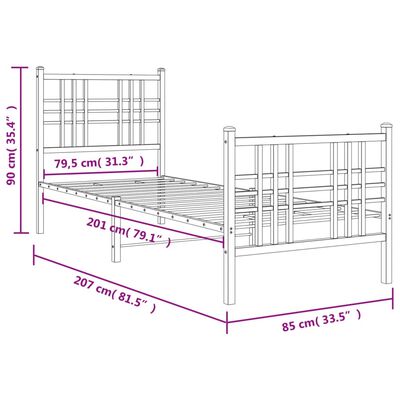 vidaXL metallist voodiraam peatsi ja jalutsiga, valge, 80 x 200 cm