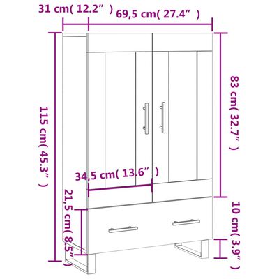 vidaXL kõrge kapp, pruun tamm, 69,5 x 31 x 115 cm, tehispuit