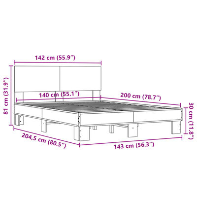 vidaXL voodiraam, pruun tamm, 140 x 200 cm, tehispuit ja metall