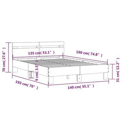 vidaXL LED-tulede ja peatsiga voodiraam, pruun tamm, 135 x 190 cm