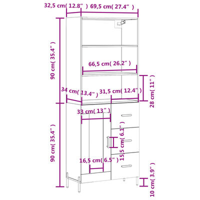 vidaXL kõrge kapp, hall Sonoma tamm, 69,5 x 34 x 180 cm, tehispuit