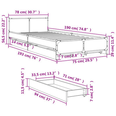 vidaXL voodiraam sahtlitega, pruun tamm, 75x190 cm, tehispuit