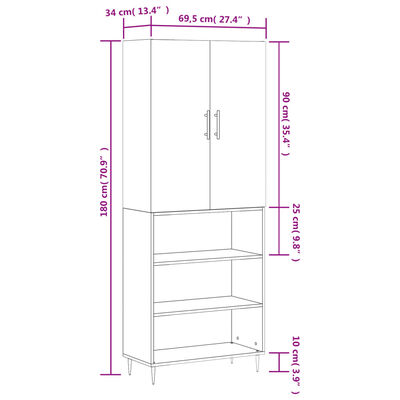 vidaXL kõrge kapp, hall Sonoma tamm, 69,5 x 34 x 180 cm, tehispuit