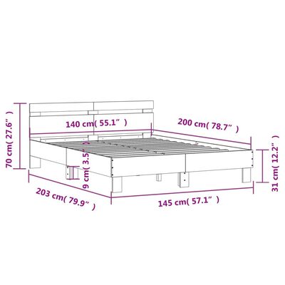 vidaXL voodiraam peatsiga, betoonhall, 140x200 cm, tehispuit