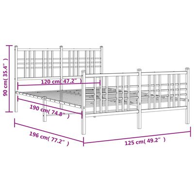 vidaXL metallist voodiraam peatsi ja jalutsiga, valge, 120 x 190 cm