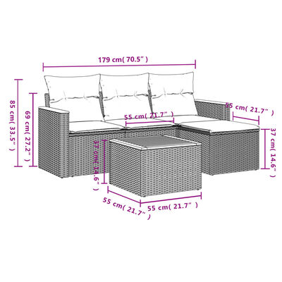 vidaXL 5-osaline aiamööblikomplekt istmepatjadega, polürotang, hall